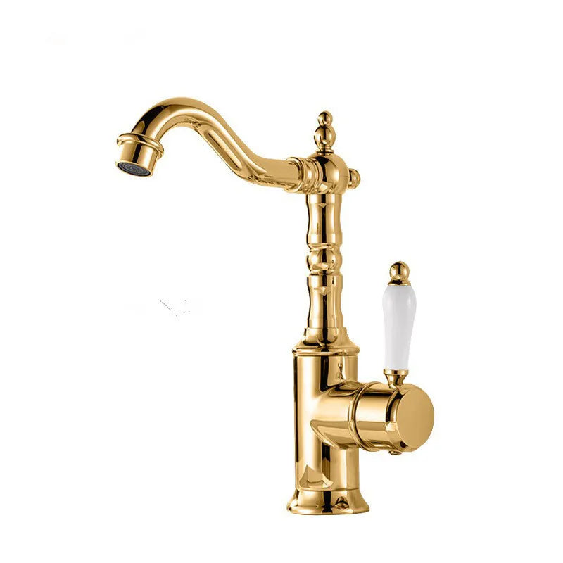 Bronze basin faucet deck mounted with gold finish curved spout and white ceramic handle for cold water use