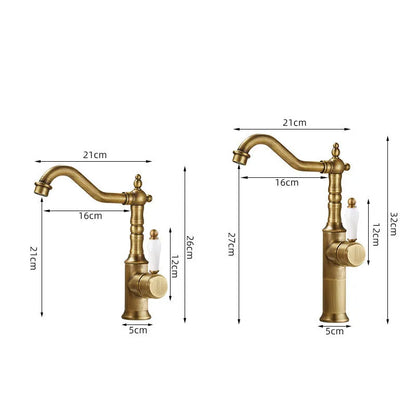 Antique brass-finished bronze basin faucet with white ceramic handle and ornate detailing for cold water use
