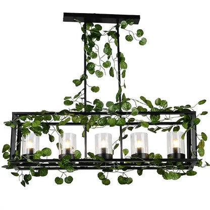 Black metal rectangular birdcage pendant lights with five clear glass bulbs and green ivy garland for dining room decorbites pendant lights