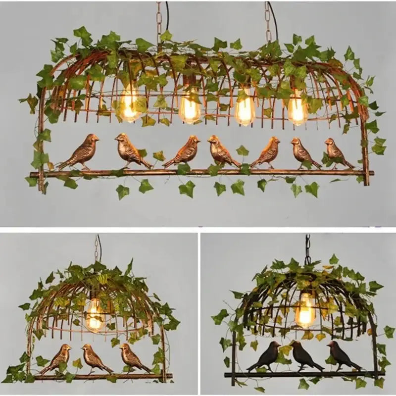 Rustic copper-toned bronze birdcage pendant lights with six bronze birds and green ivy for dining room decorbites birdcage pendant