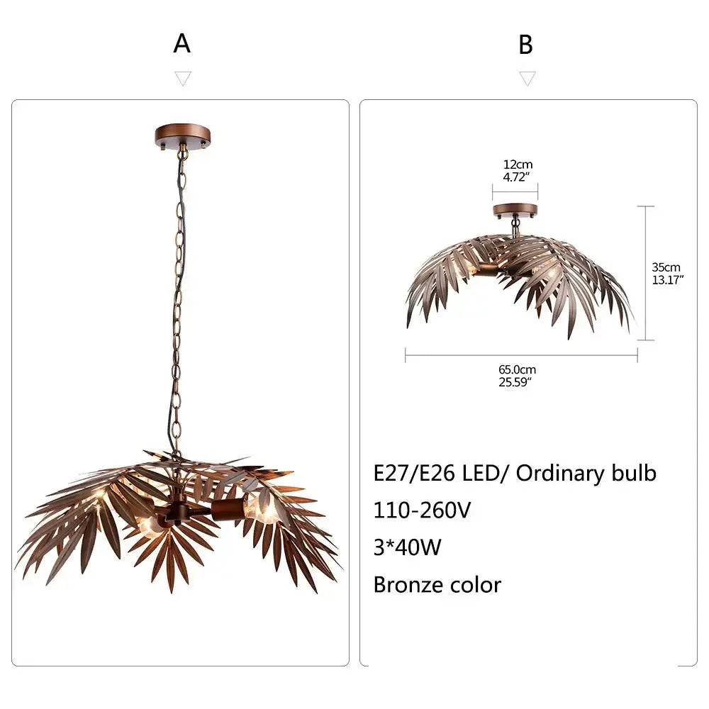 Bronze coconut tree pendant lamp with bronze-colored palm leaf design and three led bulbs for dining and living room decorbites bronze coconut