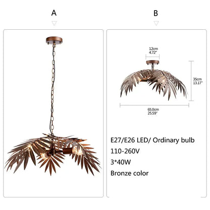 Bronze coconut tree pendant lamp with bronze-colored palm leaf design and three led bulbs for dining and living room decorbites bronze coconut