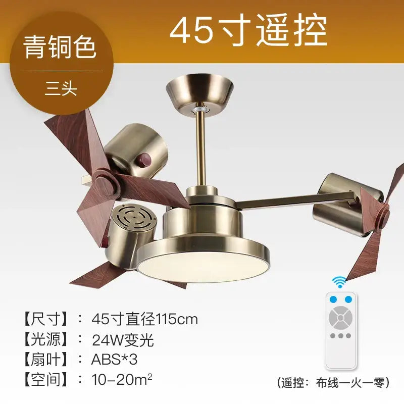 Bronze decorbites ceiling fan with three heads, dark wood blades, and integrated lighting for living room use