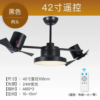 Black 42-inch dual-headed decorbites ceiling fan with abs plastic blades and central light fixture for living room