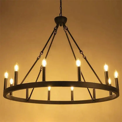 Black decorbites iron round led pendant chandelier with twelve candle-style bulbs for living room lighting