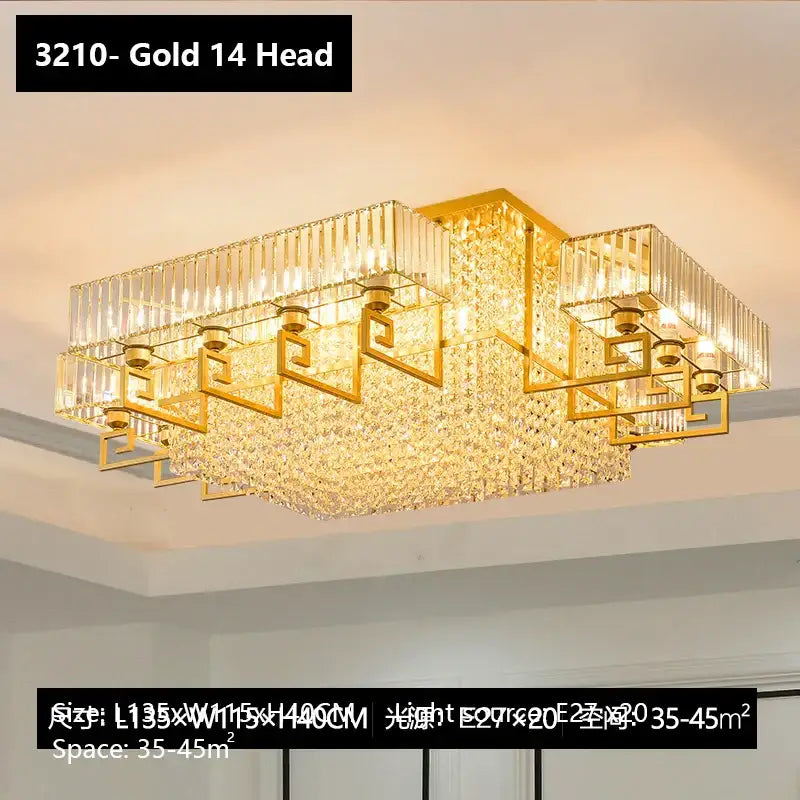 Gold 14-head rectangular pendant light with crystal accents and geometric frame for living room decorbites crystal rectangular ceiling