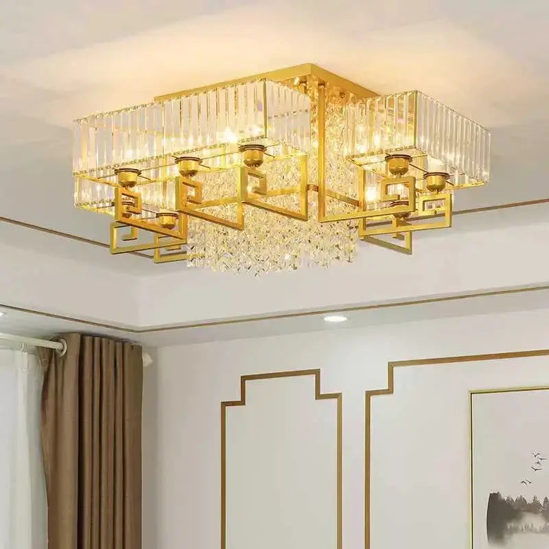 Gold-finished decorbites crystal rectangular ceiling pendant light with vertical rods and dangling faceted crystals for living room