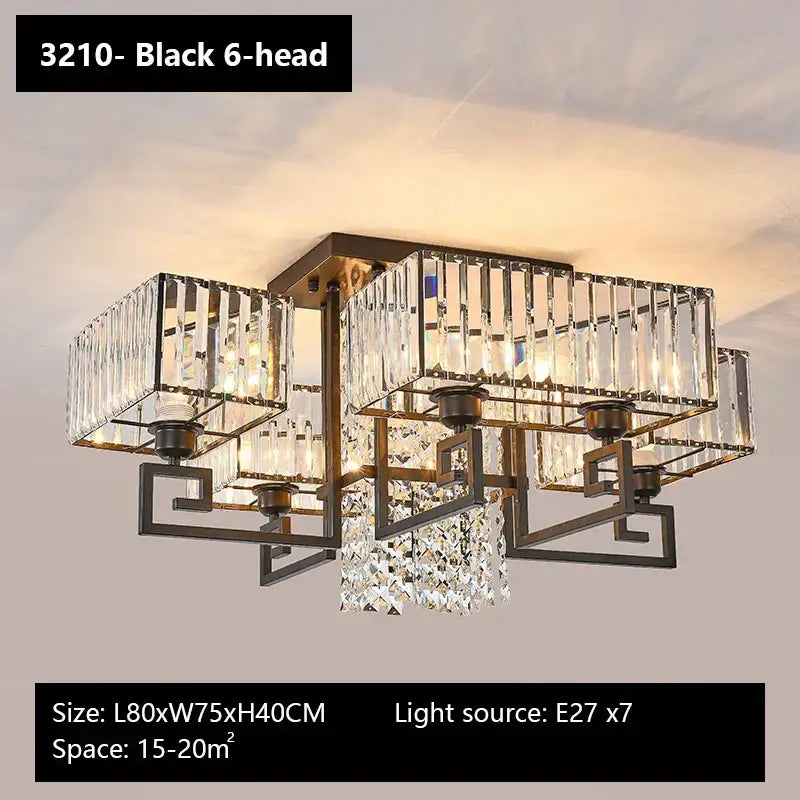 Black six-head pendant light with crystal rectangular shades and dangling crystals decorbites crystal rectangular ceiling light