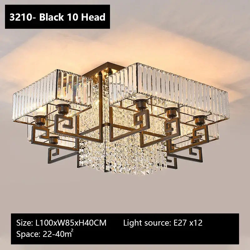 Black metal pendant light with bronze geometric crystal rectangular ceiling panels and dangling faceted crystals for living room