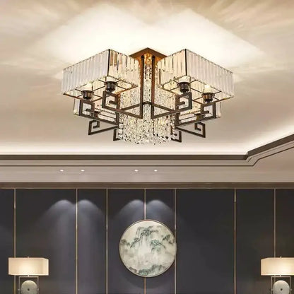 Bronze geometric crystal rectangular ceiling light with black metal frame and clear prisms pendant light for living room decorbites crystal rectangular