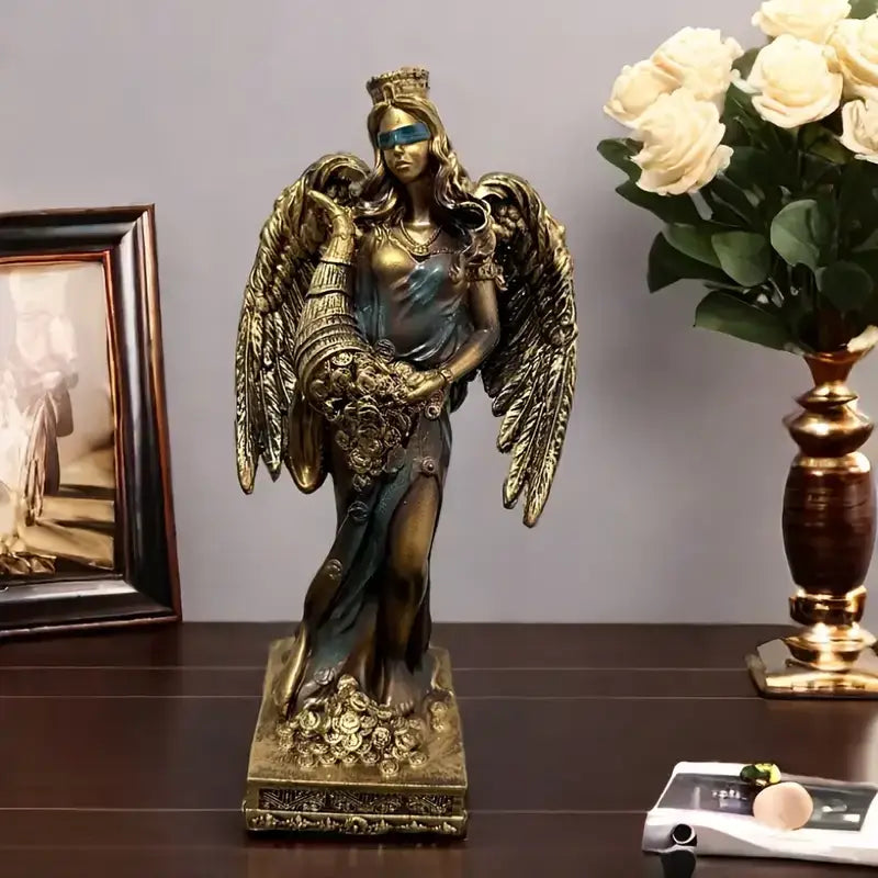 Bronze goddess fortune figurine with detailed wings crown and draped gown holding decorative basket for office decor