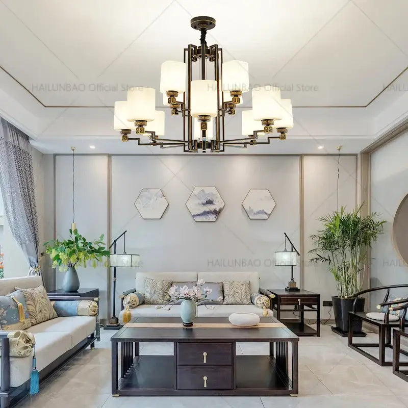 Bronze high jump floor hollow chandelier with six off-white cylindrical shades for duplex living room decorbites high jump