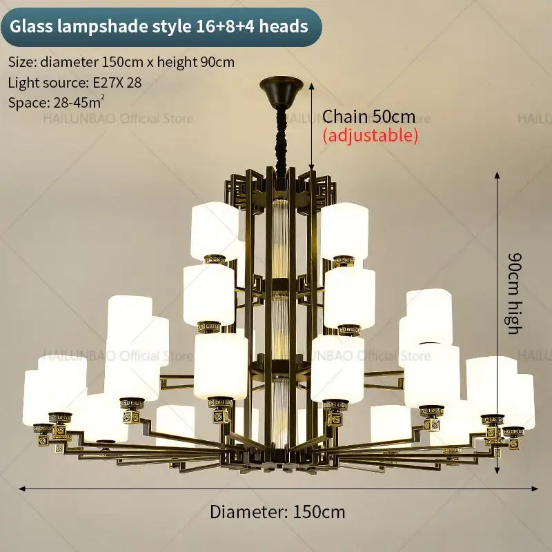 Elegant bronze high jump floor hollow chandelier with 16+8+4 frosted glass lampshades for duplex living room decorbites high jump