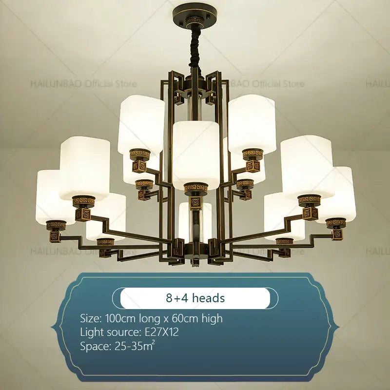 Bronze high jump floor hollow chandelier with eight larger and four smaller frosted glass shades for duplex living room decorbites high jump