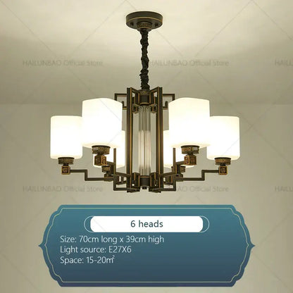 Bronze high jump floor hollow chandelier with six white cylindrical shades and a central glass column for duplex living room decorbites high jump