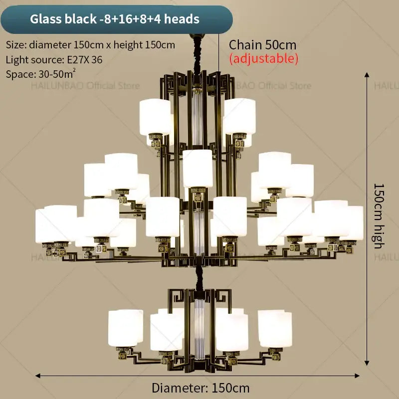 Bronze high jump floor hollow chandelier with black glass and 32 frosted white lampshades for duplex living room decorbites high jump