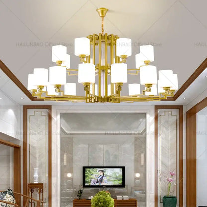 Bronze high jump floor hollow chandelier with gold-toned frame and white cylindrical shades for duplex living room decorbites high jump