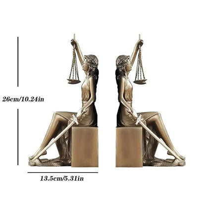 Bronze-colored resin justice goddess statue bookends featuring the goddess holding scales and sword for study room decorbites decor