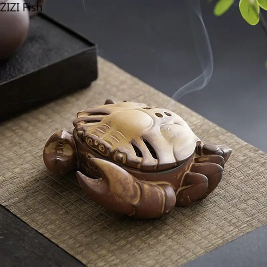 Brown and beige ceramic incense burner shaped like a crab with detailed carapace ridges for living room aromatherapy