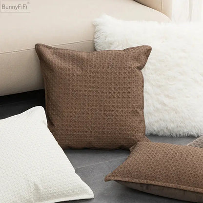 Brown and beige faux leather cushion cover 45x45cm with brown textured woven geometric pattern for living room decorbites decor