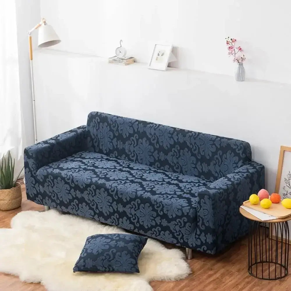 Navy blue stretchy sofa cover with intricate damask pattern for living room decorbites 3d solid embossed slipcovers
