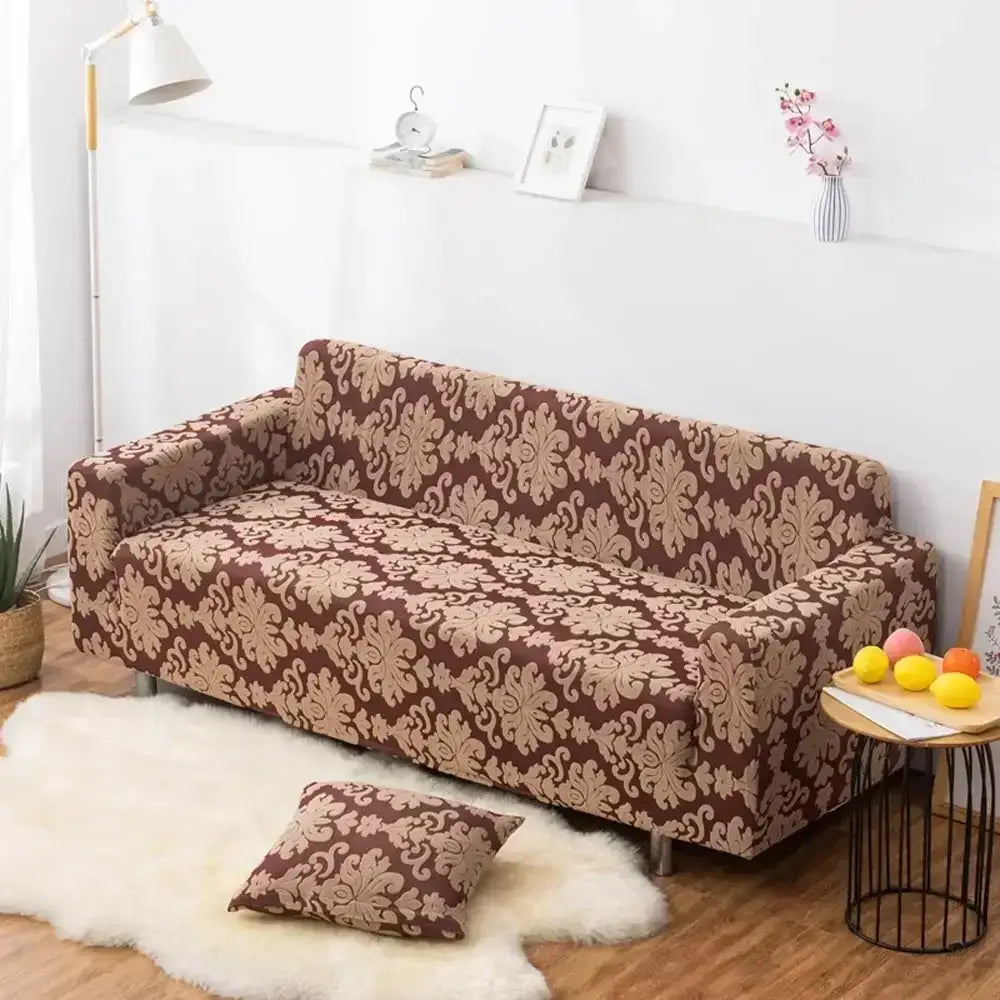 Brown and beige damask patterned stretch sofa cover slipcovers with solid embossed decorbites 3d solid design for living room decor