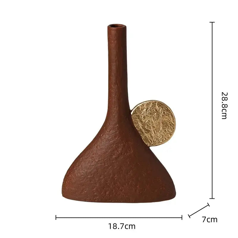 Brown geometric triangle ceramic vase with slender neck gold accent decorbites triangle ceramic vase for living room