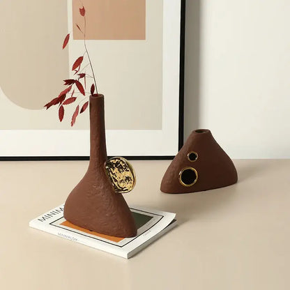 Brown geometric triangle ceramic vase with slender neck textured surface and gold accent for living room decorbites decor