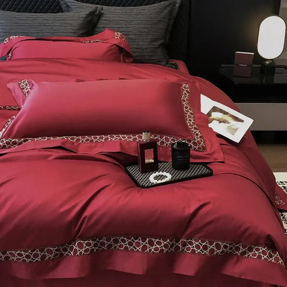 Brown lace embroidery bedding set in rich burgundy satin with gold and white geometric details made of egyptian cotton linen