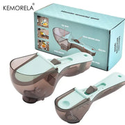 Brown and light blue kemorela adjustable measuring cups with translucent plastic and silicone button for volume adjustment