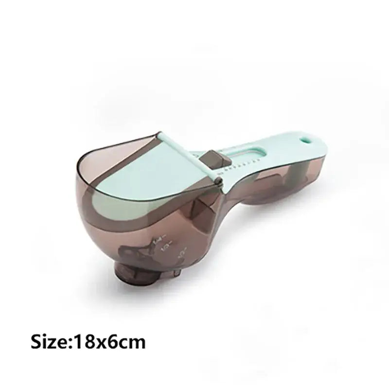 Brown translucent plastic adjustable measuring cups with light blue lid and handle featuring measurement markings