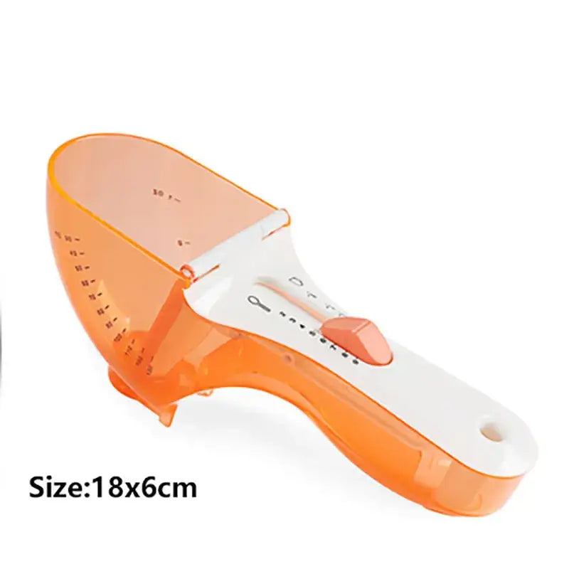 Brown and light blue adjustable measuring cups set with orange and white plastic cup featuring detachable handle and markings