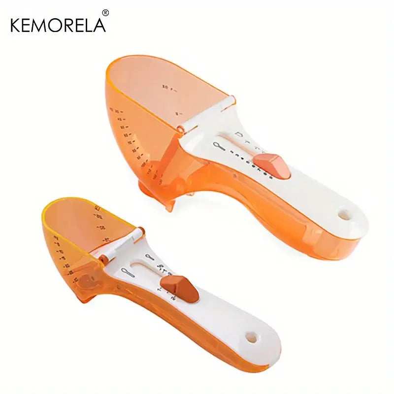 Brown and light blue adjustable measuring cups with orange and white plastic sliding mechanism for portion control