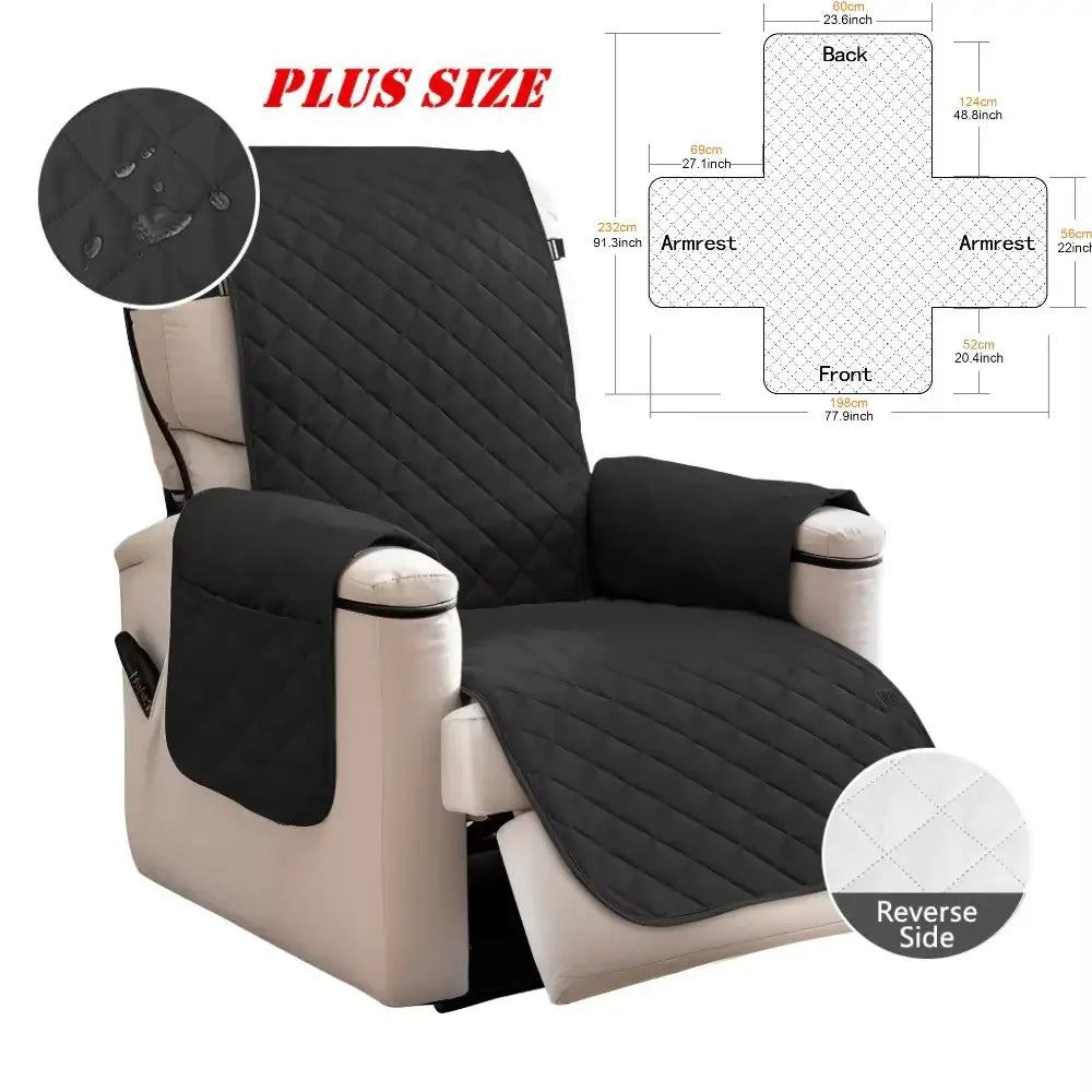 Black quilted plus-size recliner cover with water-resistant finish and white reverse side for living room protection
