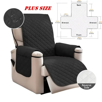 Black quilted plus-size recliner cover with water-resistant finish and white reverse side for living room protection