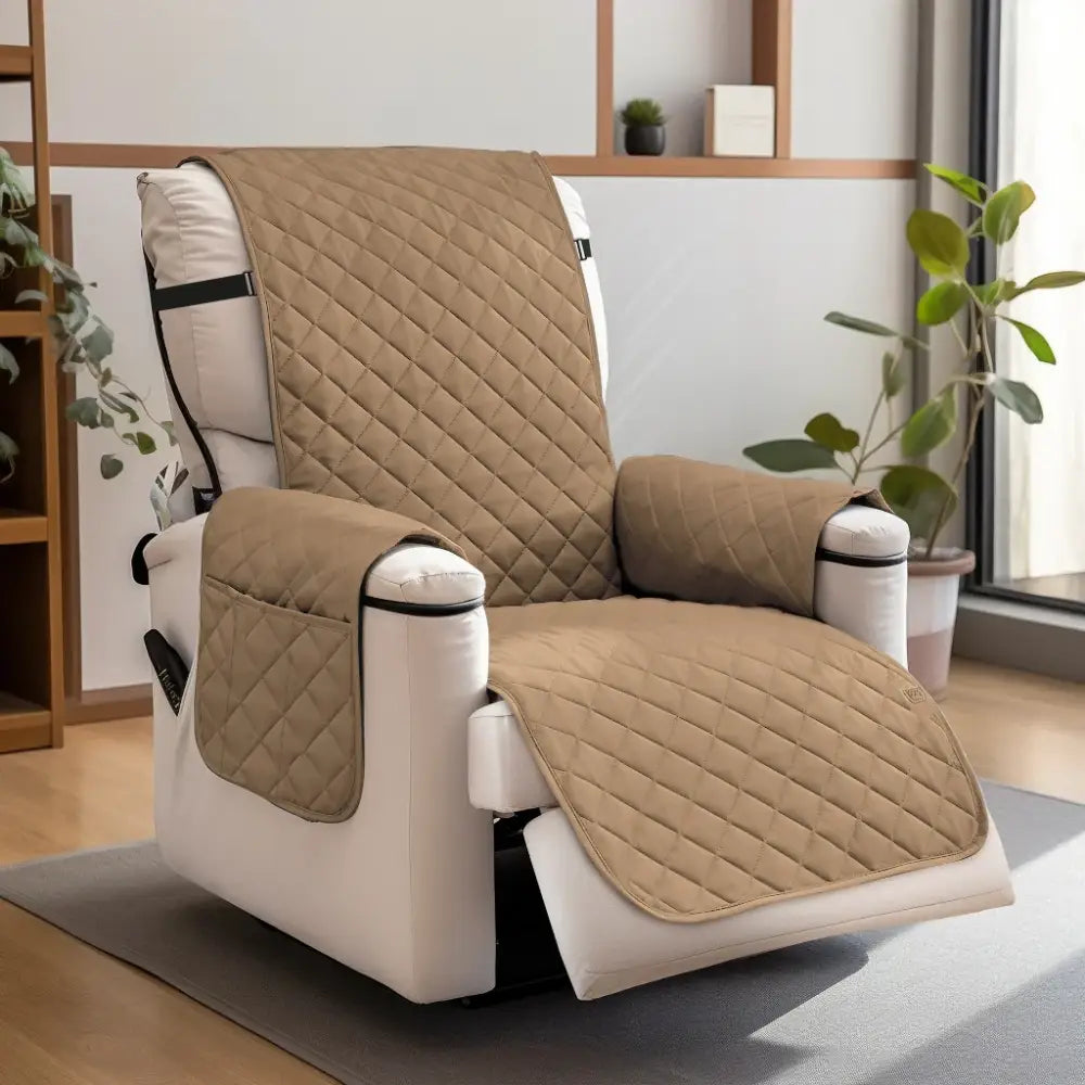 Beige quilted fabric recliner cover with black trim and side pockets for living room nonslip protection