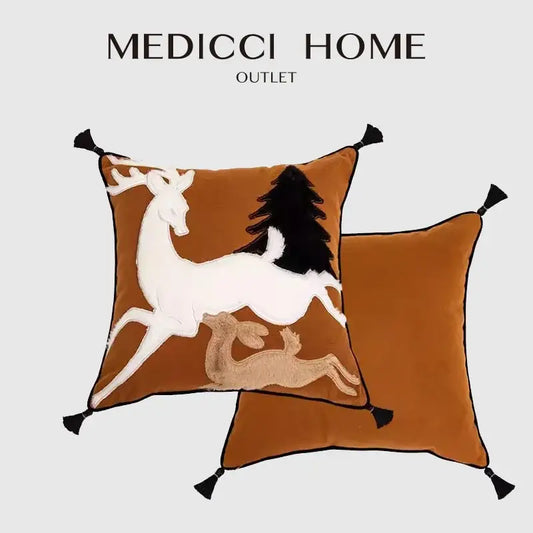 Brown velvet handmade reindeer applique cushion cover with embroidered white deer black tree and tassel decorbites decorbites handmade reindeer
