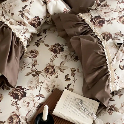 Cream-colored bedding set with brown vintage flowers and ruffled satin taupe accents for elegant decorbites decor