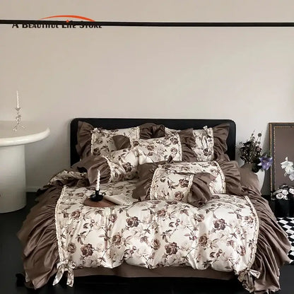 Brown vintage flowers bedding set with brown and cream floral pattern and ruffled edges for elegant bedroom decorbites decor