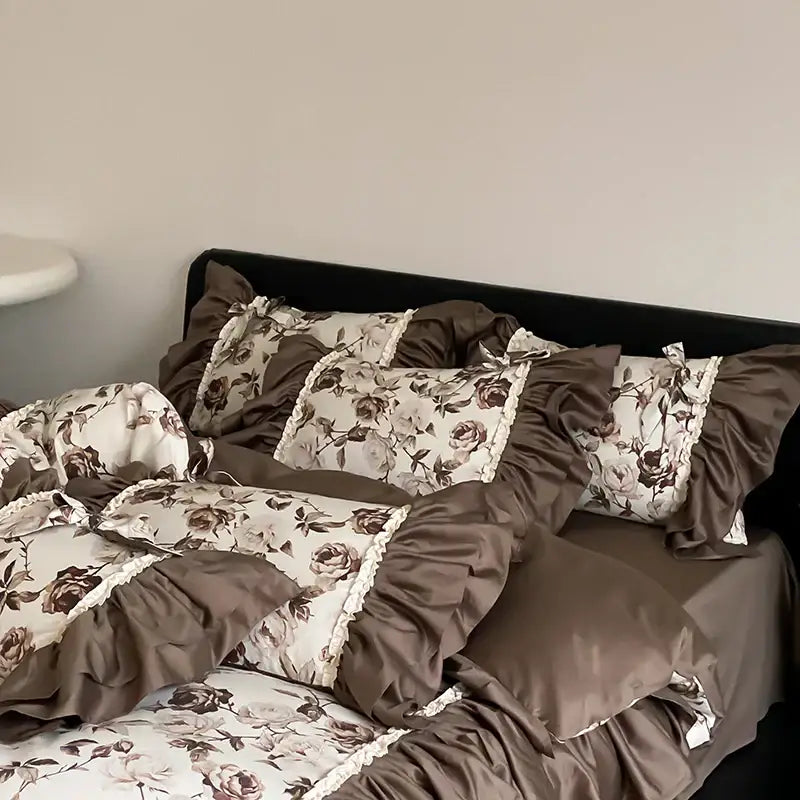 Brown vintage flowers bedding set with cream floral ruffles and lace trim for elegant bedroom decorbites brown vintage decor