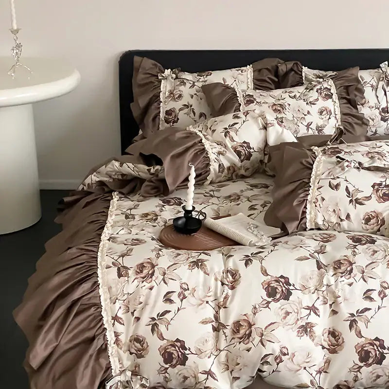 Brown vintage flowers bedding set with brown and cream floral ruffled satin-like fabric for elegant bedroom decorbites decor