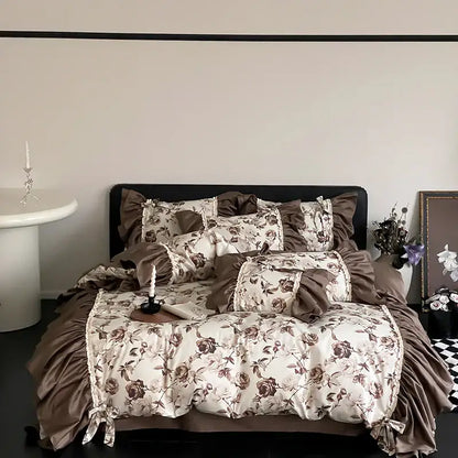 Brown vintage flowers bedding set with cream floral ruffles in satin-like fabric for elegant bedroom decorbites brown vintage decor