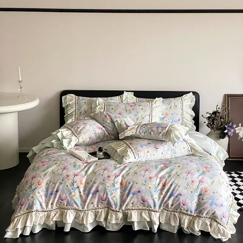 Pastel floral bedding set with delicate ruffles and embroidered trim in decorbites brown vintage flowers style