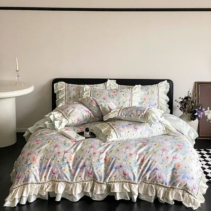 Pastel floral bedding set with delicate ruffles and embroidered trim in decorbites brown vintage flowers style