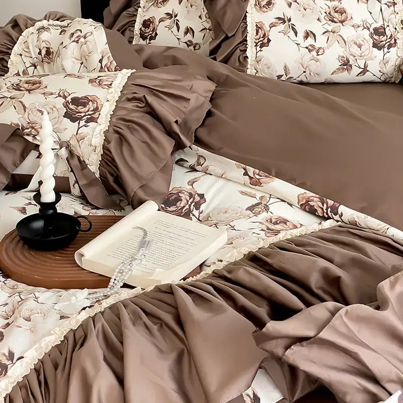 Brown vintage flowers bedding set with ruffled satin material and floral pillowcases for elegant bedroom decorbites brown vintage decor