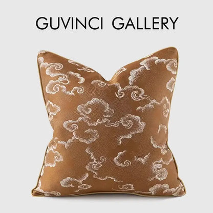 Brown and white auspicious clouds jacquard pillow cover with embroidered cloud pattern for living room decor