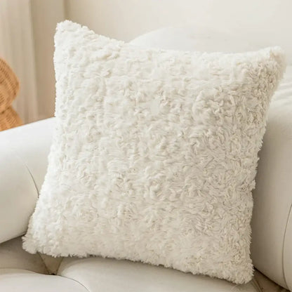 White fluffy faux fur throw pillow with soft texture and brown and white geometric embroidery plush cushion cover decorbites