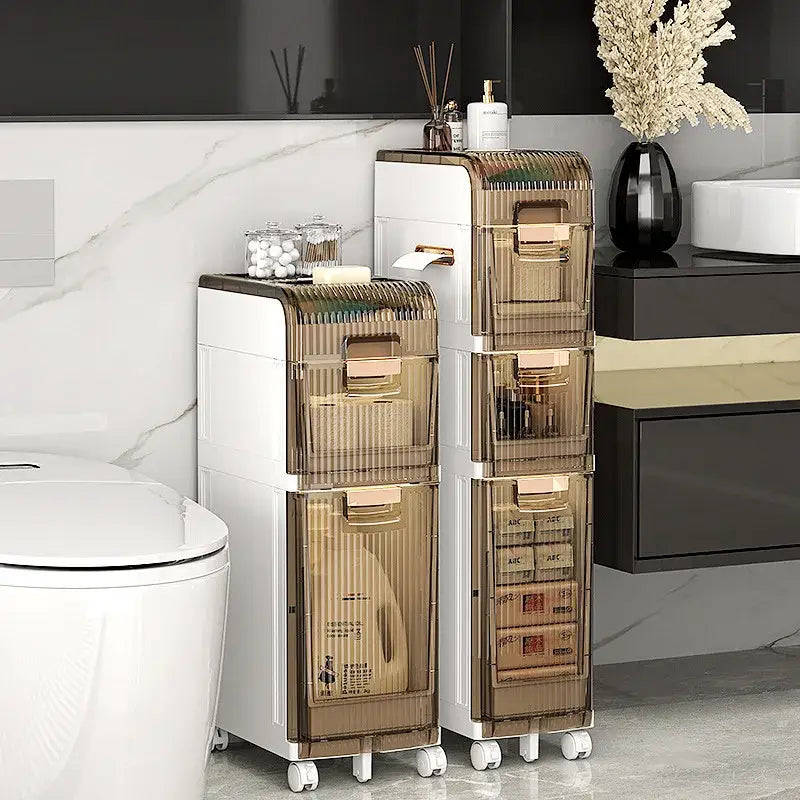 Brown and white multi-layer crevice storage rack bathroom organizer with translucent plastic drawers and gold-tone handles by decorbites crevice storage
