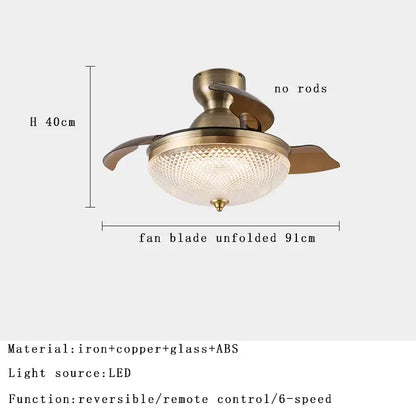 Brass-finished ceiling fan with integrated led light and textured glass shade with remote control by decorbites brushed copper