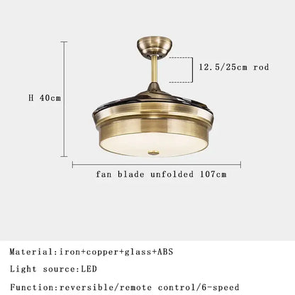 Brushed copper led ceiling fan with remote control featuring brass finish, circular glass shade, and copper accents for living room decor